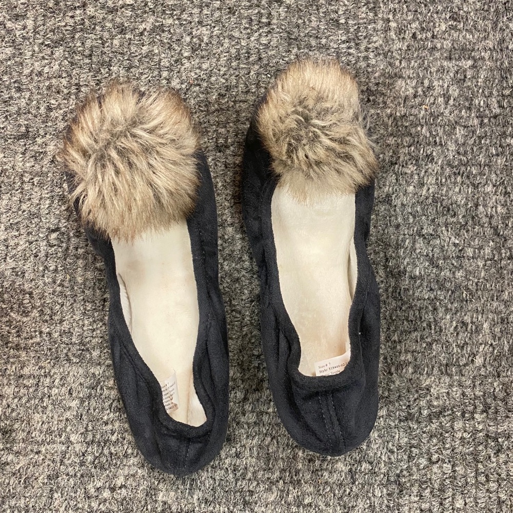 Pom Pom grey & tan faux fur informal slippers